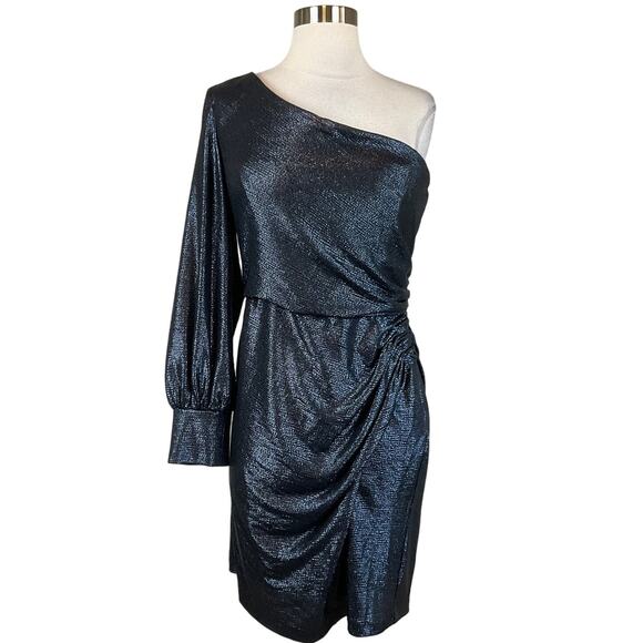 Nightway Women's Cocktail Dress Size 12 Blue Metallic One Shoulder Sheath - Picture 1 of 13